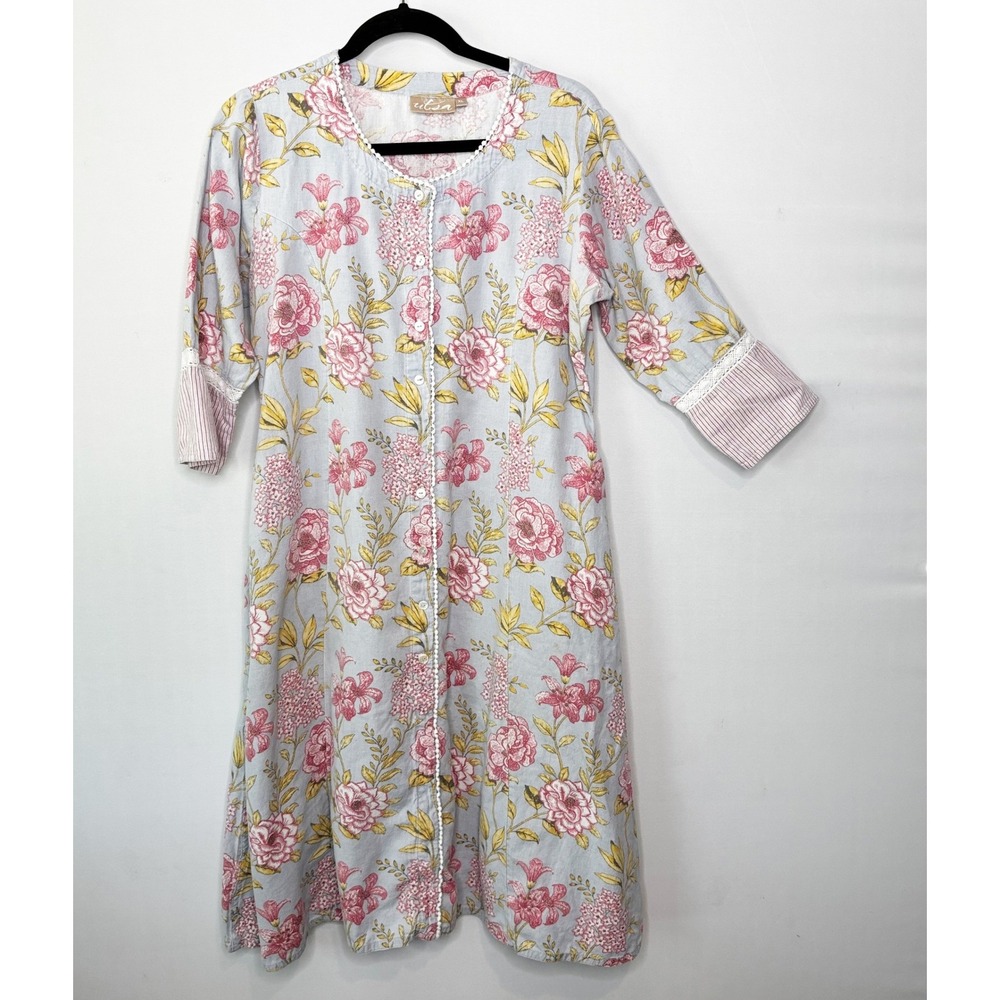 Utsa Cotton Flex Floral Kurti Tunic Dress Blue Pink Button Front Pocket Size XL - Picture 11 of 11
